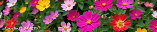 Vibrant cosmos flowers bloom in a lush garden, showcasing a variety of colors and delicate petals against a backdrop of green foliage, flora, summer