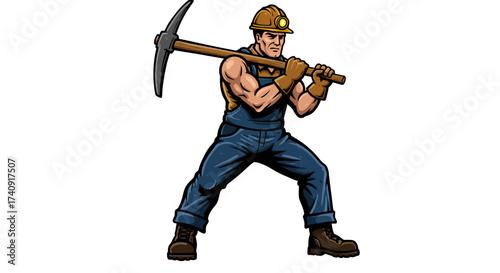 A muscular miner with a hardhat holds a pickaxe ready to work