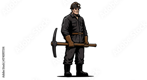A miner stands holding a pickaxe wearing a helmet and dark clothing rendered in a graphic style