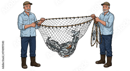 Two fishers hold a net bulging with silver fish