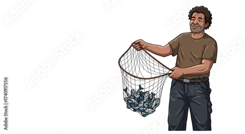 A man holds a net filled with fish smiling with satisfaction