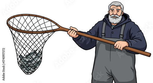 A cartoon fisherman holds a net full of fish