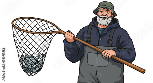 Fisherman holds net full of fish wearing hat  overalls