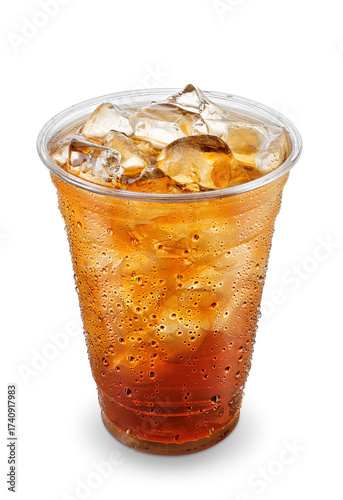 Iced tea in fogged disposable plastic cup isolated on white background