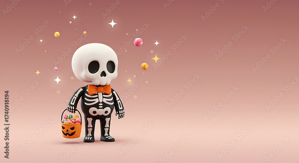 Fototapeta premium A cute 3D cartoon skeleton character in a festive costume with a pumpkin basket, ready for a whimsical Halloween trick-or-treat celebration