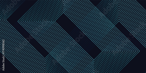 Abstract blue glowing geometric lines on dark background. Modern shiny blue rounded square lines pattern. Futuristic technology concept. Suit for poster, cover, banner, presentation, website