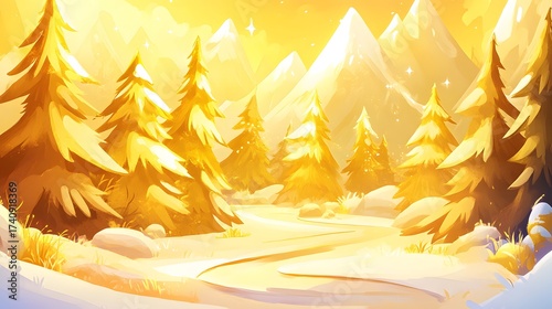 Golden winter landscape with snow, path through forest and mountains