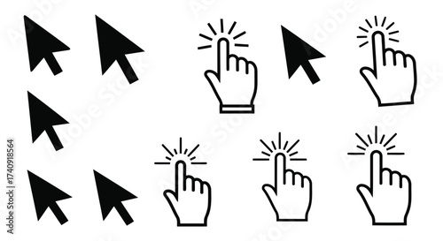 Vector illustration of collection of cursor icons and hand pointer icons for clicking and selecting