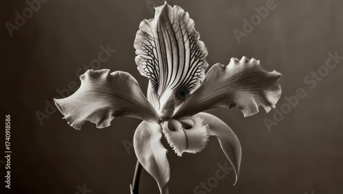 Elegant Sepia Tone Orchid Blossom on Dark Background.