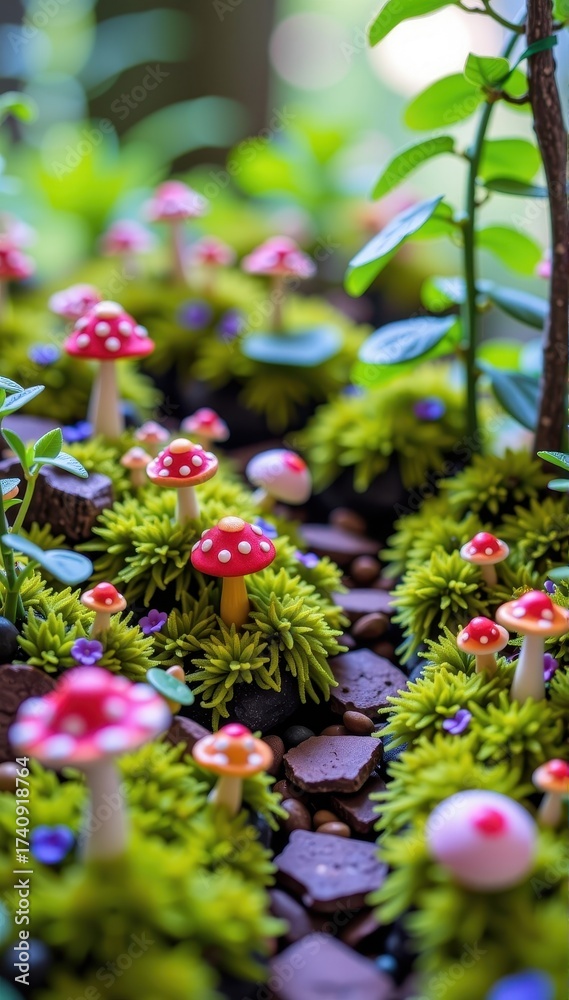 Fototapeta premium Enchanted miniature forest scene with vibrant green moss, whimsical mushrooms, and tiny trees, creative, background, photography