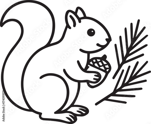 A charming cartoon squirrel, perched beside a pine sprig, clutches a nut in its paws, all rendered in a clean and contemporary line art style, perfect for various creative uses.