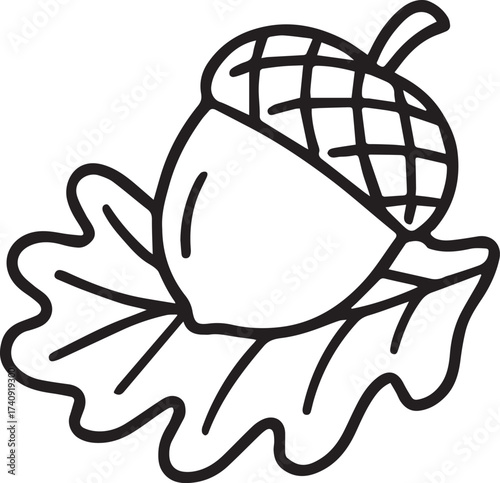 A simple, black-and-white illustration of a perfectly rendered acorn resting upon a detailed oak leaf. The delicate lines and shapes highlight the beauty of the botanical subject matter.