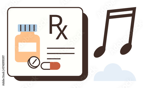 Prescription label with pill bottle, capsules, and music notes. Ideal for medication, healing, therapy, wellness, creativity sound healing health communication. Simple flat metaphor