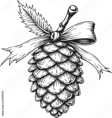 An elegant and finely detailed line drawing of a pinecone adorned with a delicate bow, conveying a sense of rustic charm and artistic refinement. 