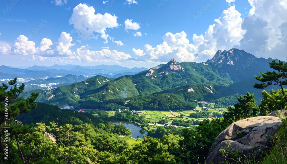 Obraz premium Scenic Mountain Landscape with Lush Greenery and Blue Sky on a Sunny Day