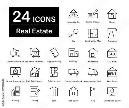 These are 24 beautiful small, pixel perfect real estate interface vector icons.