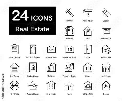 These are 24 beautiful small, pixel perfect real estate interface vector icons.