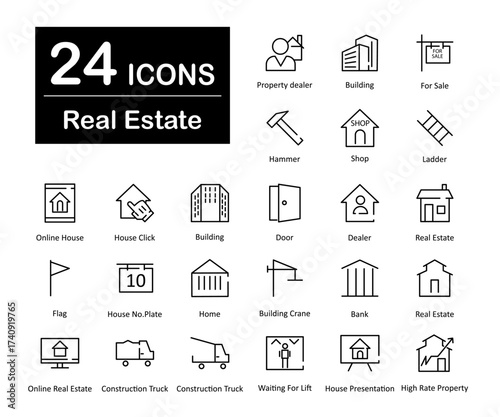These are 24 beautiful small, pixel perfect real estate interface vector icons.