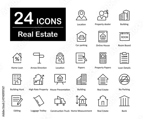 These are 24 beautiful small, pixel perfect real estate interface vector icons.