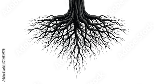 Vector illustration of intricate network of tree roots spreading outwards