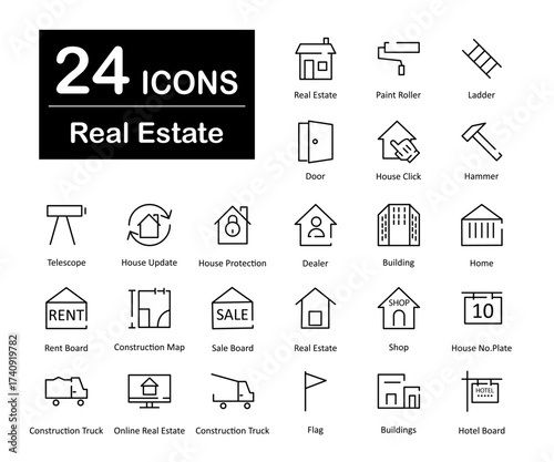 These are 24 beautiful small, pixel perfect real estate interface vector icons.