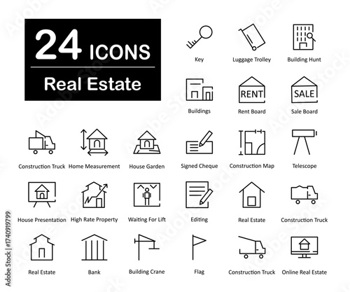 These are 24 beautiful small, pixel perfect real estate interface vector icons.
