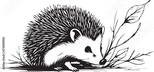 An adorable hedgehog with a charming monochrome outline. Detailed depiction of spiky fur, small, round eyes, and a tiny nose.