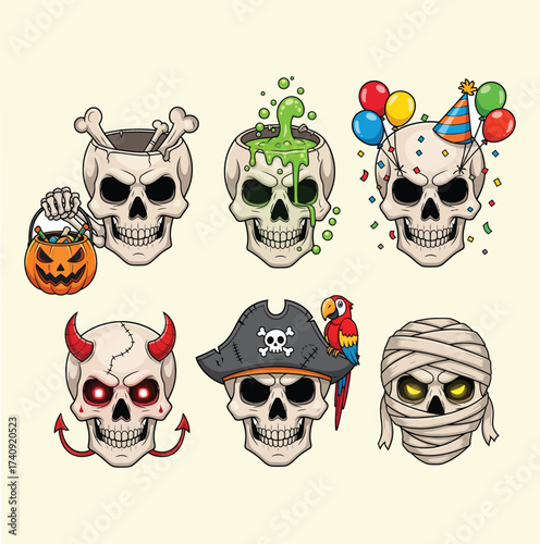 A collection of six distinct cartoon skulls with halloween themes and costumes including a pirate mummy devil and pumpkin candy bucket isolated on white background