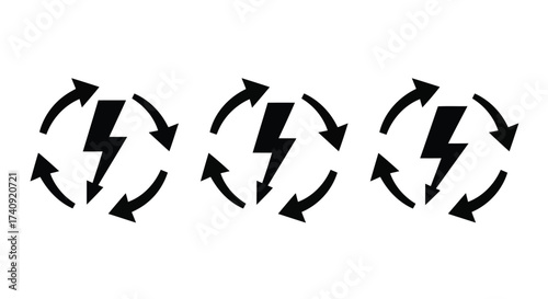 Vector illustration of three black lightning bolt symbols with circular arrows around them, representing energy or power