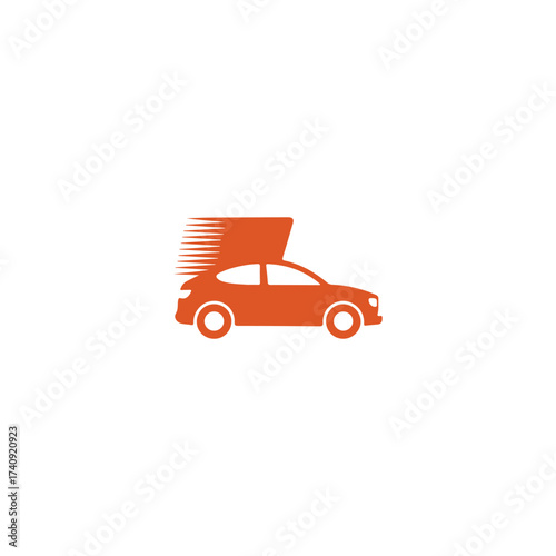 Orange car with a convertible top down and speed lines shown