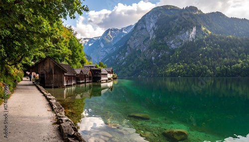 Scenic Lake and Mountain Landscape with Wooden Buildings and Trees