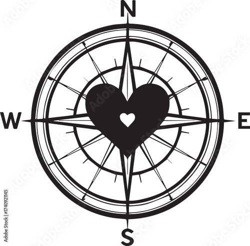 An intricate vector illustration of a compass rose features a central heart, symbolizing guidance, direction, and love in a minimalist graphic style.