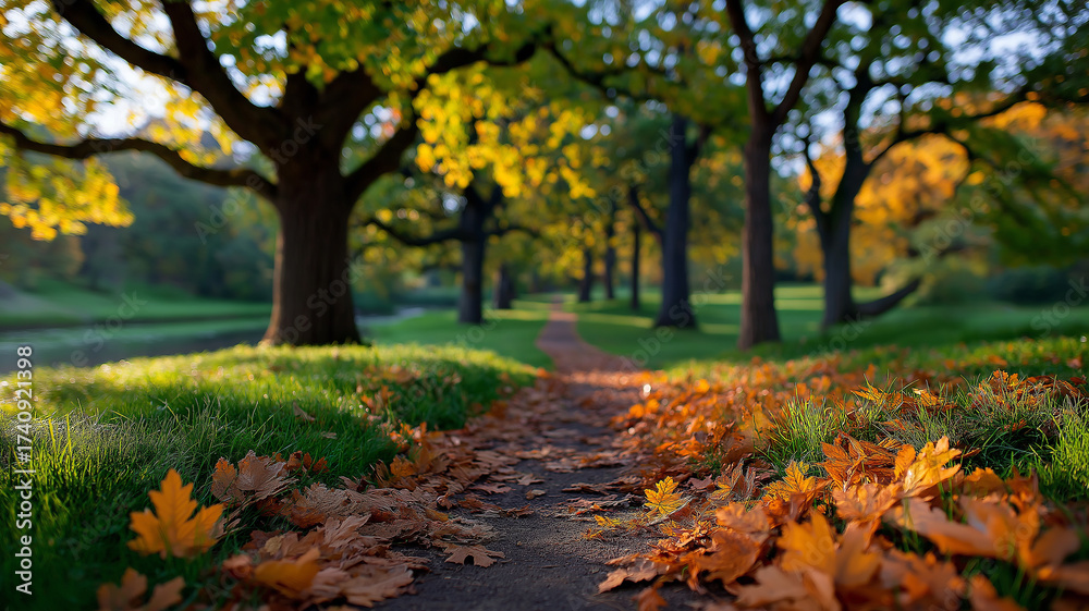 Naklejka premium Peaceful autumn park scene with golden leaves, tall trees, and soft sunlight creating a warm inviting landscape of seasonal reflection and tranquility
