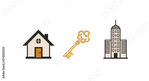 Unlock your dreams with home, apartment, and commercial property opportunities, a modern house, golden key, and skyscraper convey real estate success