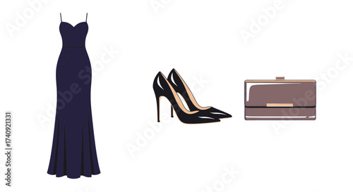 Elegant evening ensemble featuring a stunning gown, chic heels, and clutch for a sophisticated night out, perfect for fashion editorials and style guides
