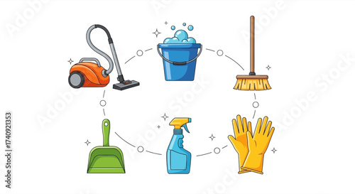 Everything you need for spring cleaning in one visual, cleaning tools for a fresh start, vacuum cleaner, bucket, broom, spray bottle and gloves, sparkle