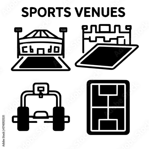 Sports venues icons including stadium, court, and racetrack design  