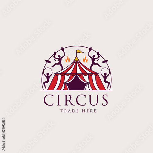 Circus logo design with red tent and performers for entertainment, festival, and event branding
