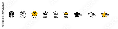 Friendship badges with medals, stars, crowns, and ribbons in outline, filled, and colored styles. Vector symbols of best friend award collection