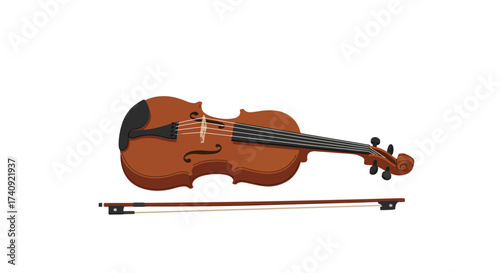 Illustration of a Brown Violin with Bow on White Background.