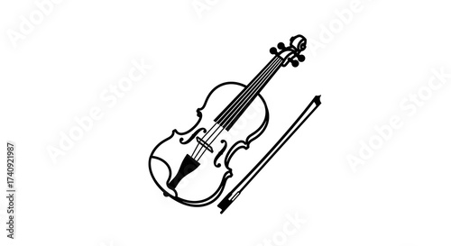 Elegant Violin and Bow Illustration in Black and White Outline.
