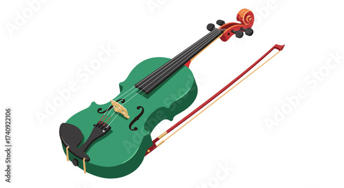 Green Violin with Bow Musical Instrument Illustration.