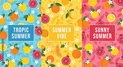 Vector illustration of vibrant summer patterns with tropical fruits like oranges, lemons, and pomegranates, featuring text like tropic summer, summer vibe, and sunny summer