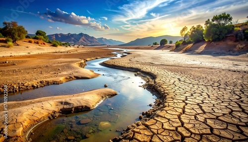 Scenic Landscape Depicting a River and Cracked Earth in a Sunny Environment