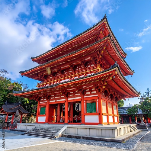A vibrant three-story traditional Asian building against a blue sky