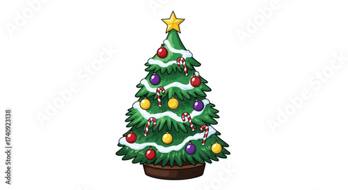 Vector illustration of a beautifully decorated christmas tree with ornaments, candy canes, and a star on top