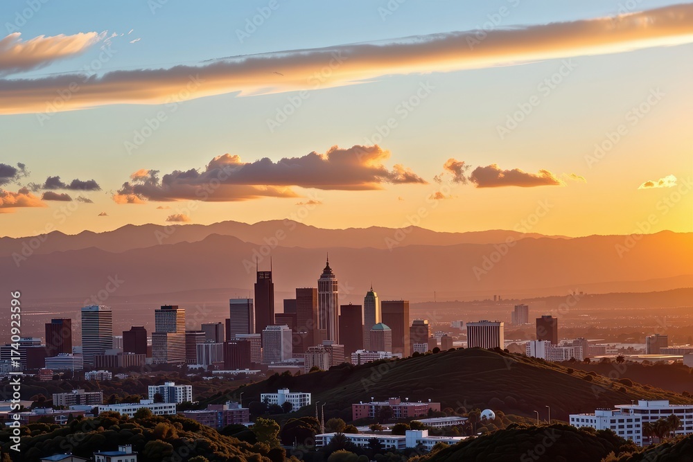 Fototapeta premium Golden hour sunlight paints the Los Angeles skyline, illuminating skyscrapers and distant hills in a vibrant, warm glow, view, sunrise, sun
