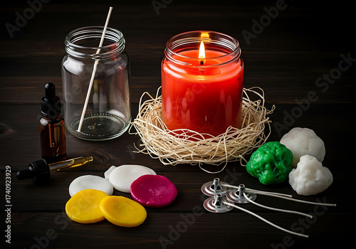 Handmade candle making supplies arranged on a dark wooden surface