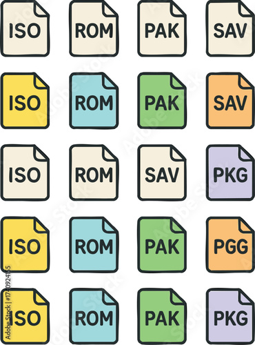 Gaming File Formats Icons Set (ISO, ROM, PAK, SAV, PKG)