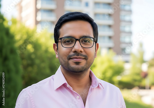 Portrait of a young man wearing glasses and a light pink shirt